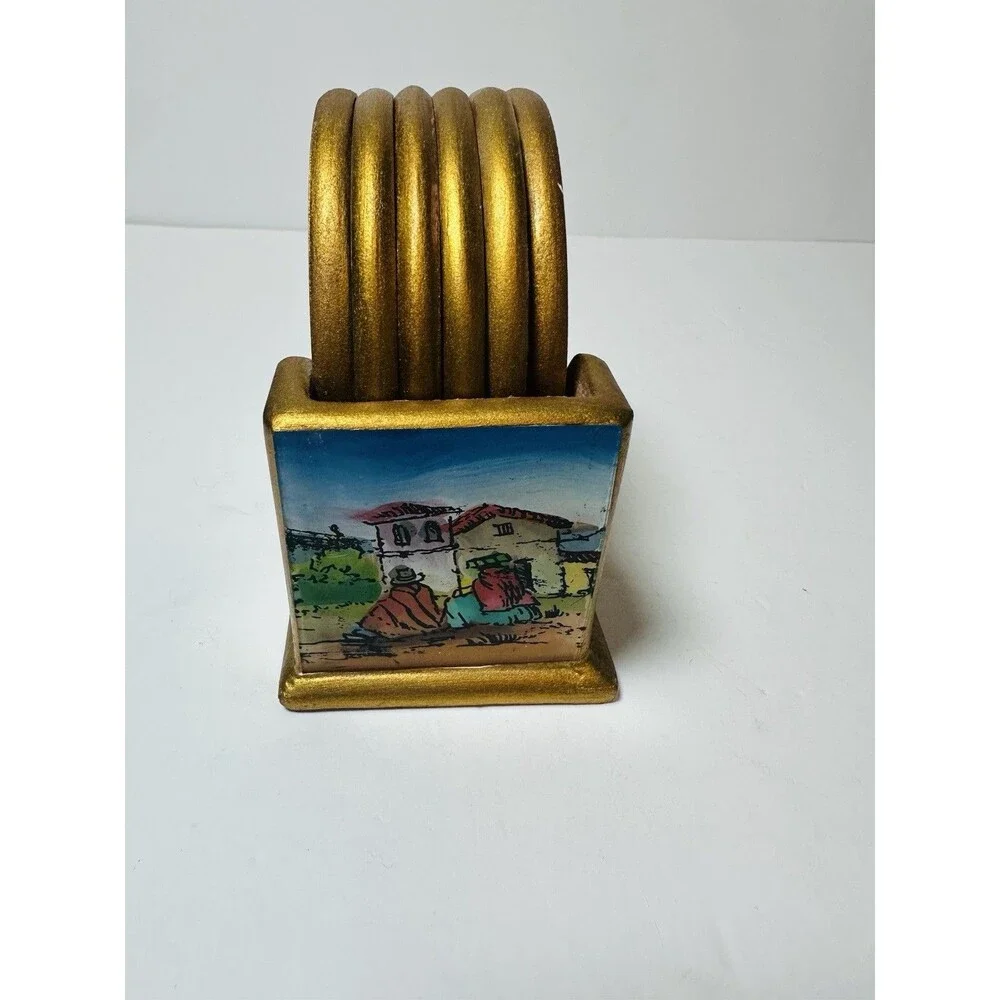 Peru Reverse Painted Glass & Wood Coasters Village Folk Art  Set of 6 w/ Holder